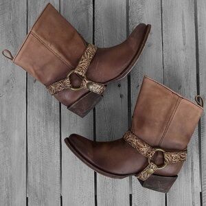 Corral for Buckle Fango Honey Vintage Distressed Harness Ankle Boots Leather